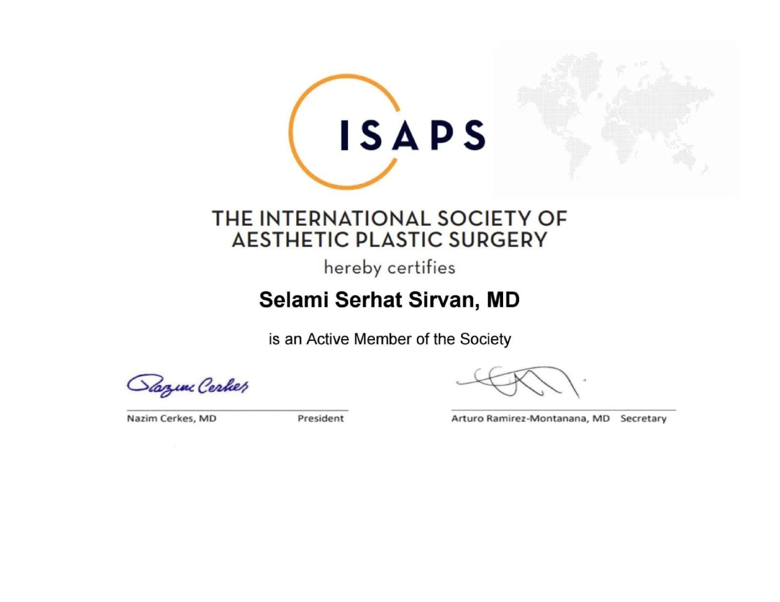 Prof. Dr. Selami Serhat Şirvan certififcate