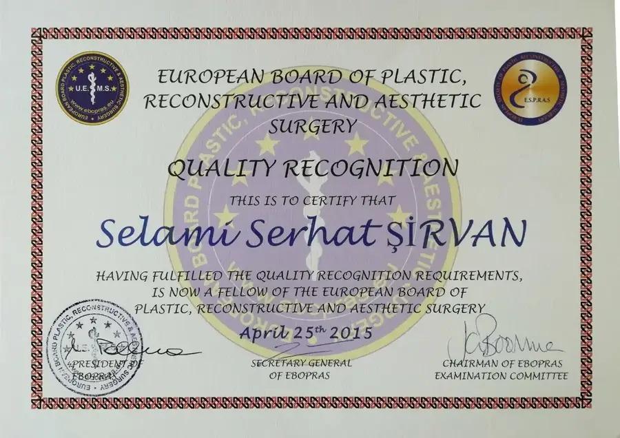 Prof. Dr. Selami Serhat Şirvan certificate