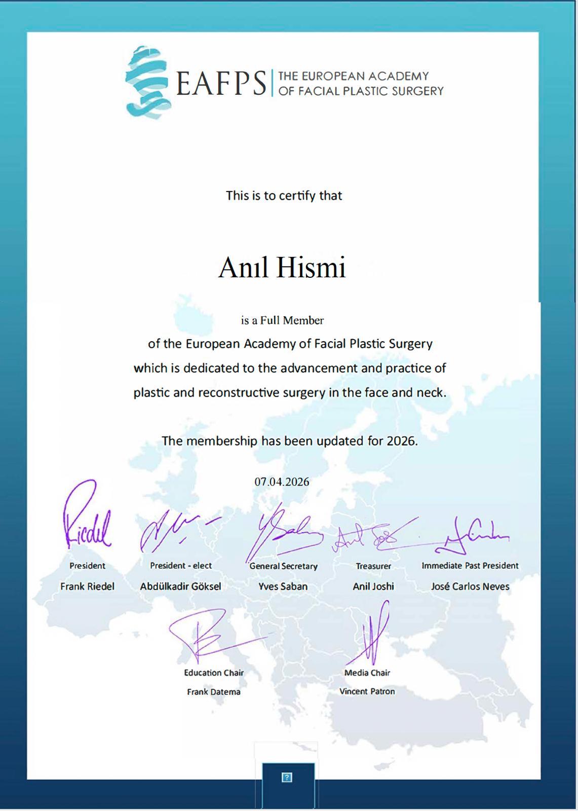 Anıl Hişmi, M.D. Ear Nose Throat Specialist Certificates