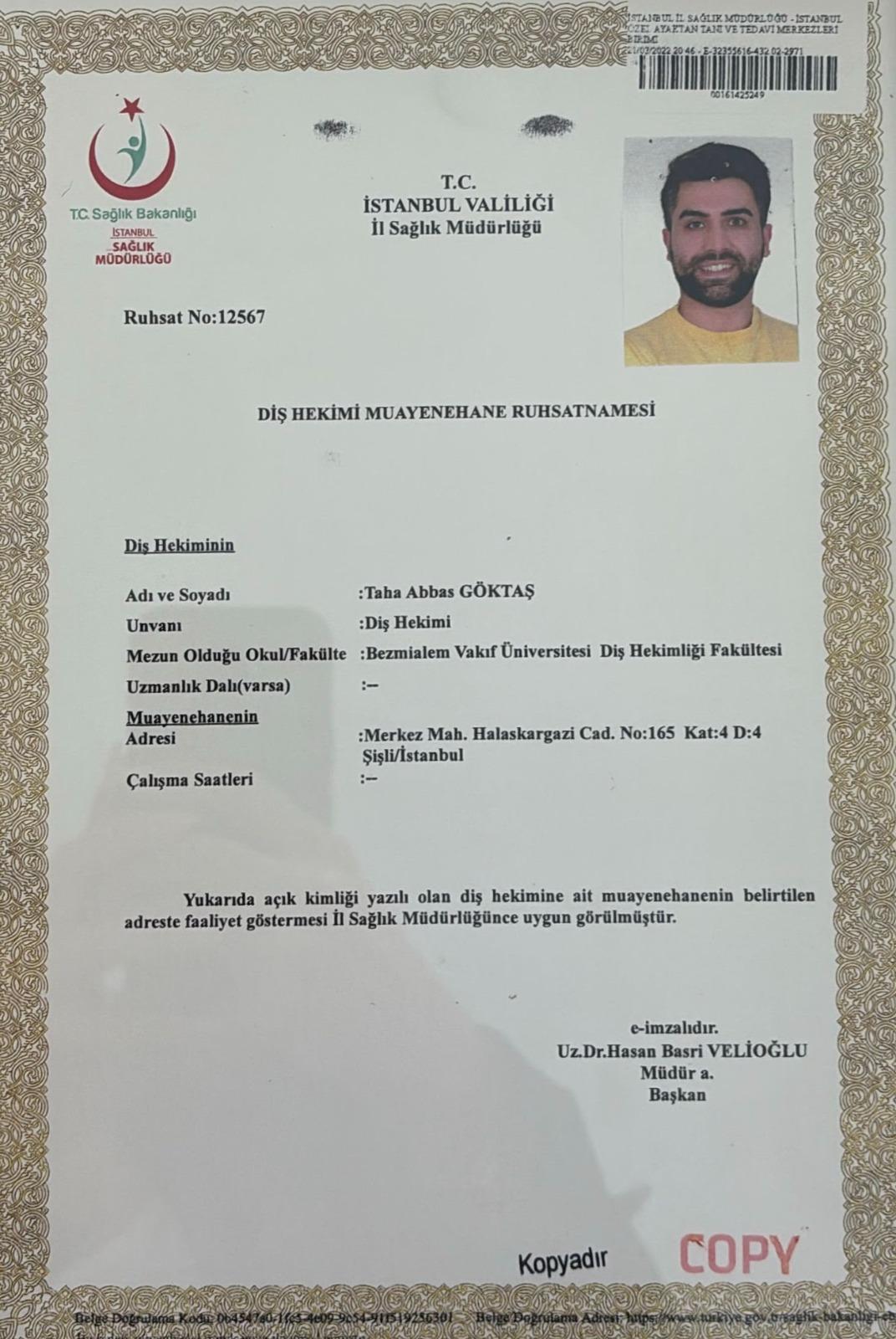 Dr.Taha Abbas Göktaş   TH Clinic  Ruhsat