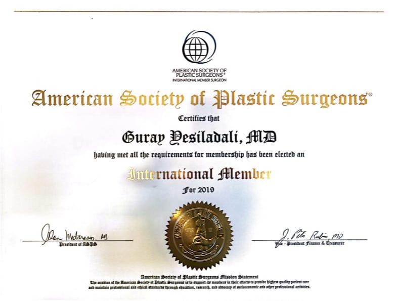 certification Güray Yeşiladalı, M.D.