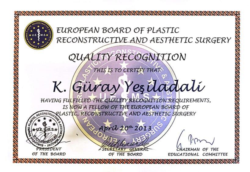certification Güray Yeşiladalı, M.D.