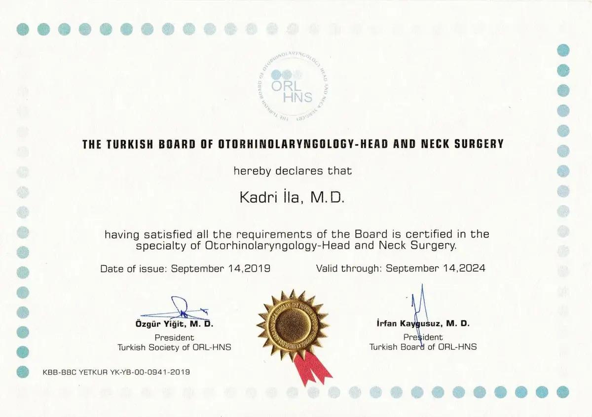 Assoc. Prof. Kadri İla certifiation
